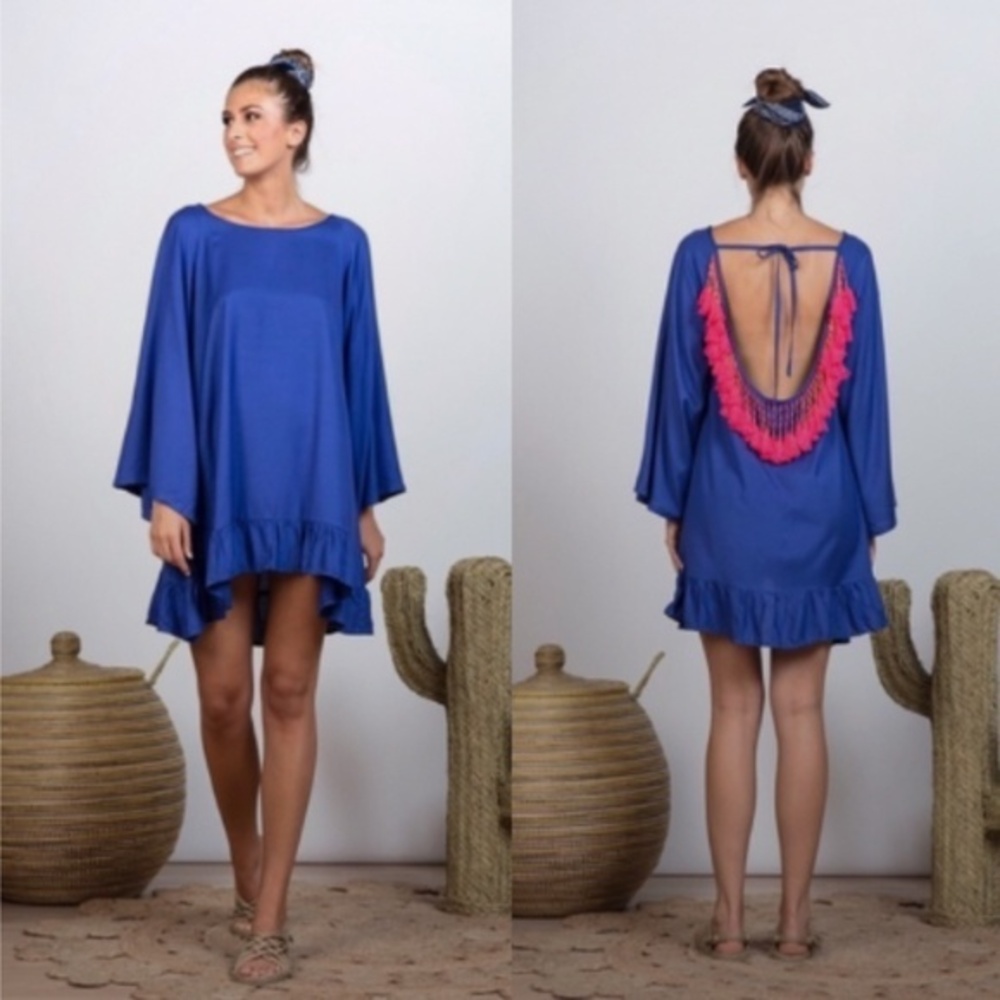 SUNDRESS Dress Indiana Mini Coverup in Royal Blue Coral Tassels